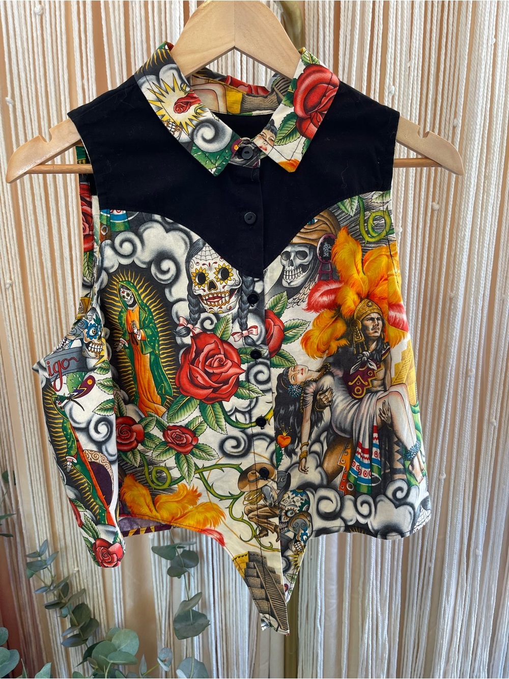 tattoo-inspired Contigo sleeveless cropped tie top Mexican cultural imagery